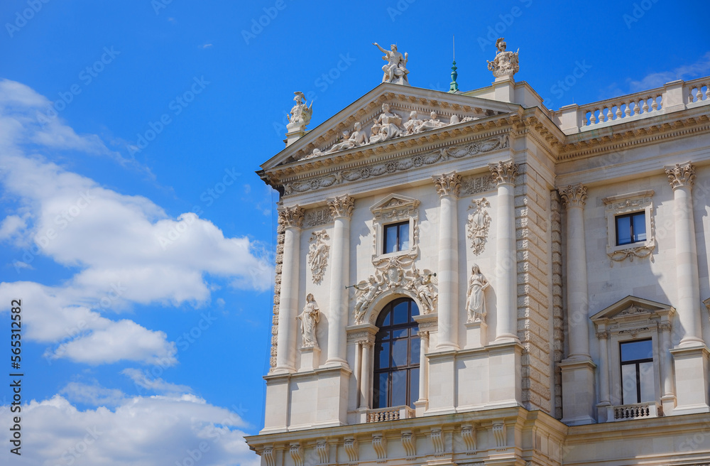 Vienna, Austria - August 27, 2022: The Hofburg in the imperial palace on Heldenplatz in the center of Vienna. Outside facade of historic and famous building. Concept for heritage building