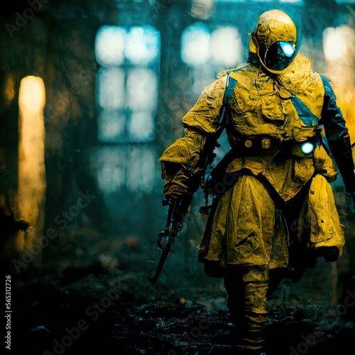 Ukrainean soldier in a mask holding a gun, walking in a war zone building, nuclear and biological weapons photo