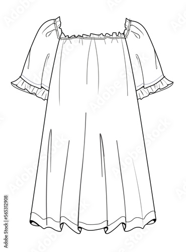 baloon sleeve  babydoll dress with frill collar technical drawing
