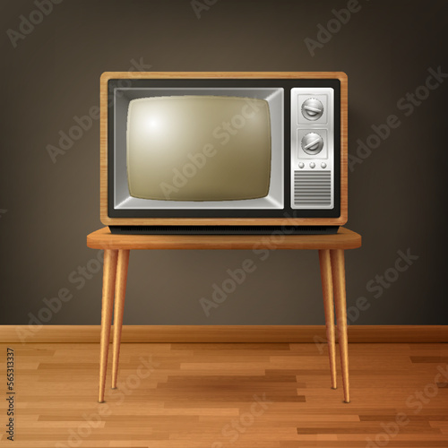Vector 3d Realistic Brown Wooden Retro TV Receiver on Wooden Table. Home Interior Design Concept. Vintage TV Set, Television, Front View
