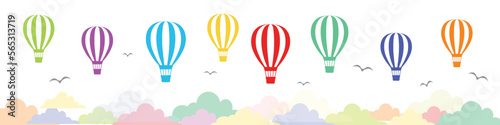 Vector Isolated Hot Air Balloons Design Elements. Colorful hot air balloons Objects. Clean Environment and Transportation Concept. Colorful Flying Balloons. Rainbow Colors Balloons. 