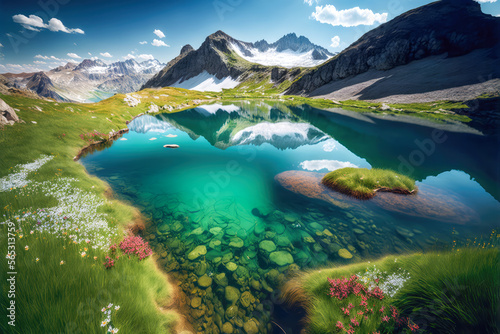 Beautiful Lake in the Alpine Mountains Landscape. Created with Generative AI Technology