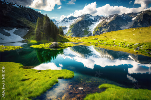Beautiful Lake in the Alpine Mountains Landscape. Created with Generative AI Technology
