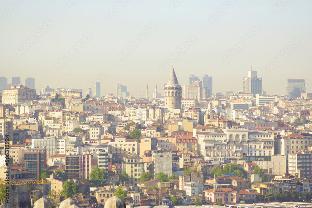 Istanbul cityscape - view of the Galata tower and historical buildings near it