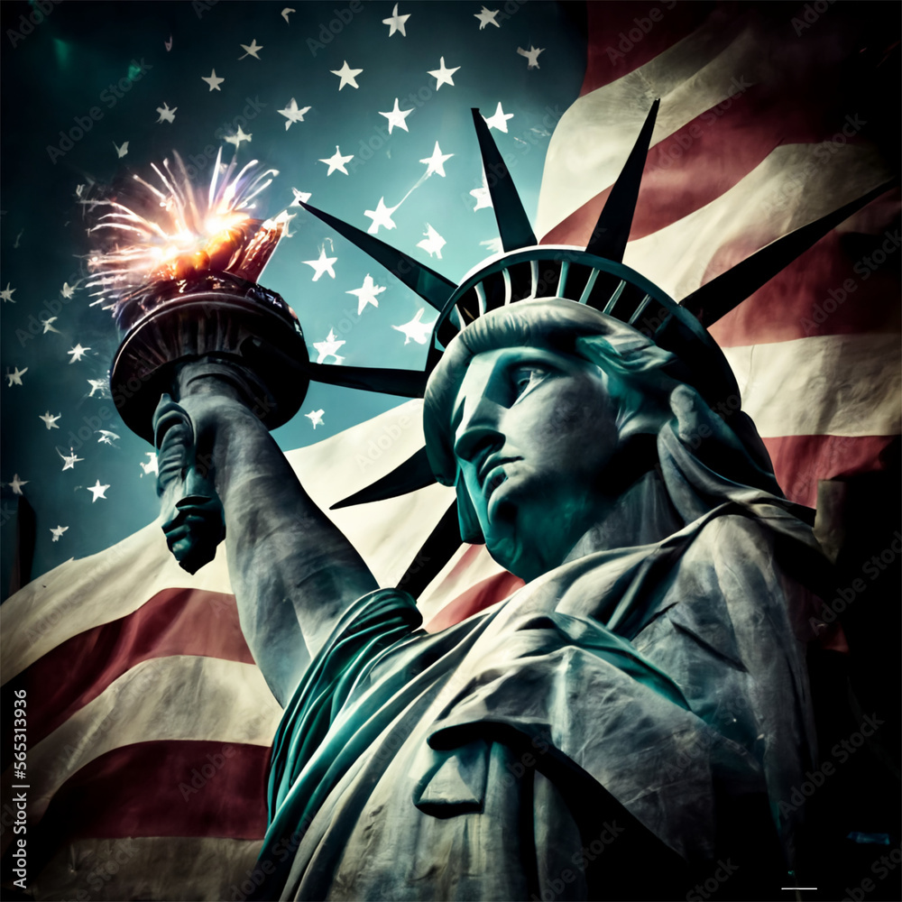 Obraz premium Dynamic Statue of Liberty Against an American Flag