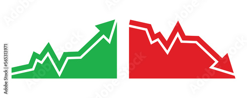 Graph going Up and Down sign with green and red arrows vector. Flat design vector illustration concept of sales bar chart symbol icon with arrow moving down and sales bar chart with arrow moving up.