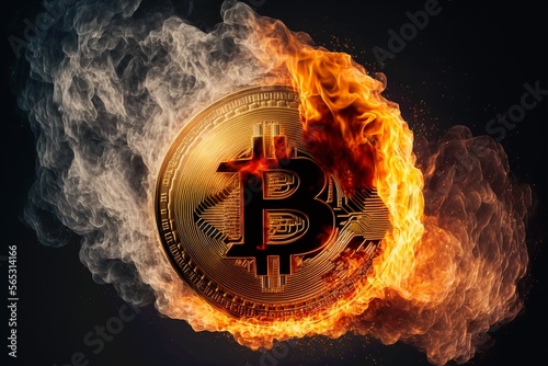 Bitcoin coin burning in flames on fire. Generative ai.