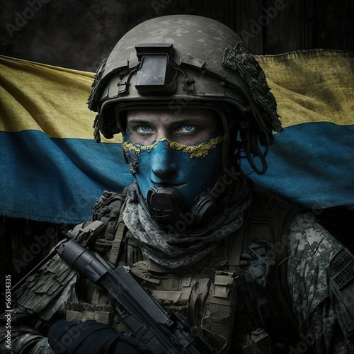 Ukrainean soldier with mask holding a gun with ukraine flag in back, strong army, strong soldier of ukraine. photo