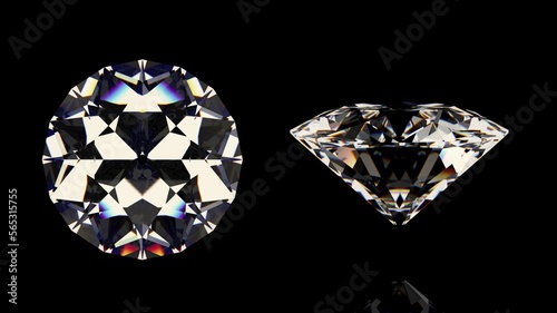 Shiny white diamond. Isolated on black background. Top and side view. High quality photo realistic image. 3D illustration.