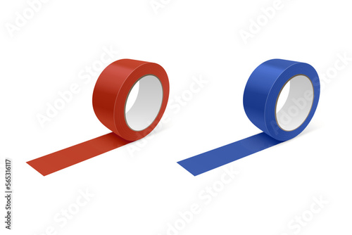 Vector 3d Realistic Glossy Red and Blue Tape Roll Icon Set, Mock-up Closeup Isolated on White Background. Design Template of Packaging Sticky Tape Roll or Adhesive Tape for Mockup. Front View