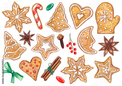 Set of different shapes of gingerbread: snowflake, Christmas tree, star, month, mitten. Christmas pastry, decorated with icing. Spices: cinnamon, cloves, badian. Hand-painted watercolor illustration.