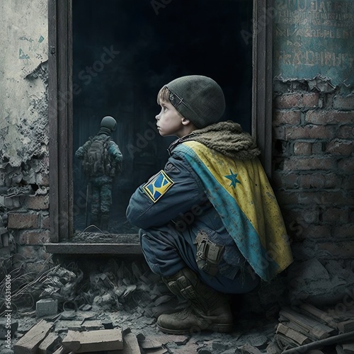 Ukrainean kid soldier, ukrainean child in army boots standing in war ruins after the war is over photo