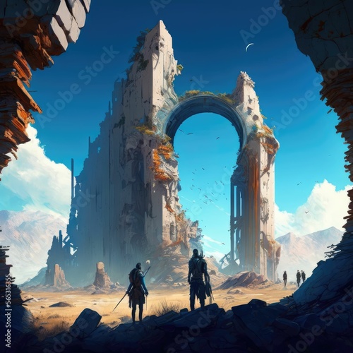 Alien landscape with ruined castle, space explorers ,made with Generative AI