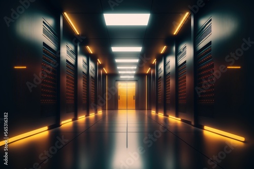 Data center with server room. Platform for hosting contemporary Internet contents. Rack housing server data storage hardware ,made with Generative AI