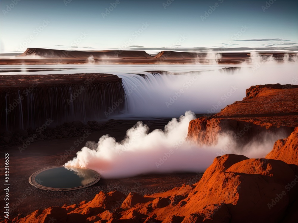 Fototapeta premium A mysterious barren landscape with hot springs and waterfalls.
