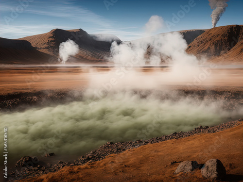 A mysterious barren landscape with hot springs and waterfalls. 