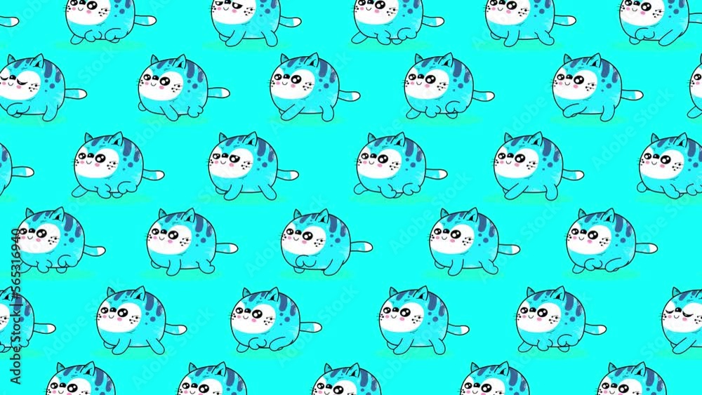 Cat kawaii blue characters wallpaper walking on blue background. Cute