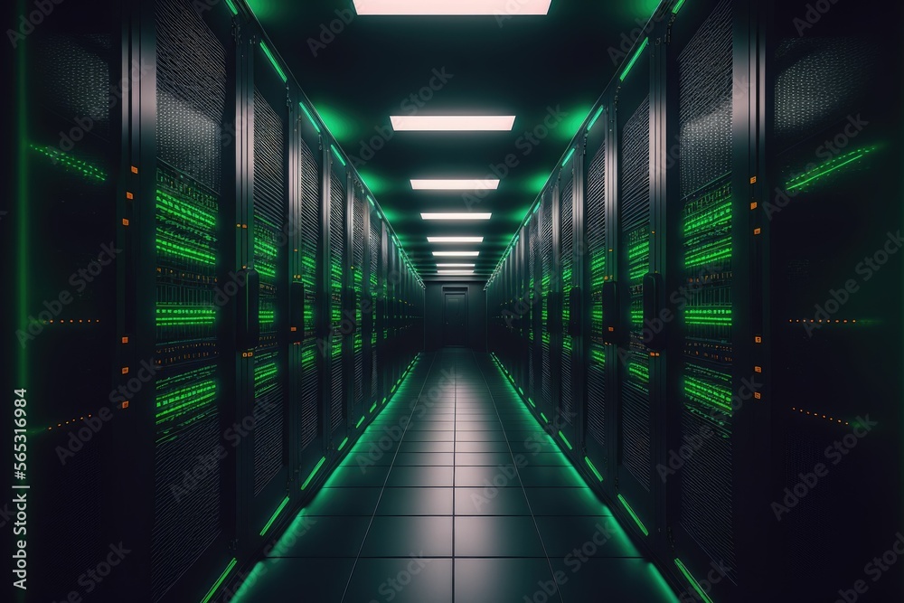 Obraz premium Data center with server room. Platform for hosting contemporary Internet contents. Rack housing server data storage hardware ,made with Generative AI