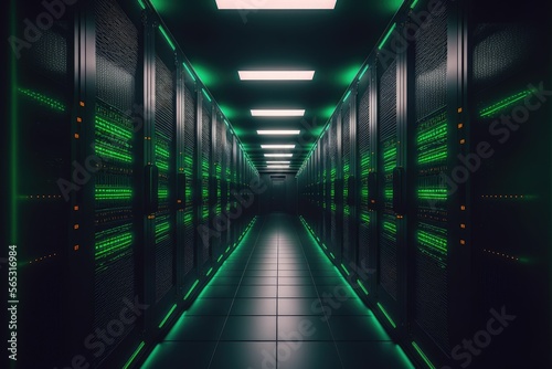 Data center with server room. Platform for hosting contemporary Internet contents. Rack housing server data storage hardware ,made with Generative AI
