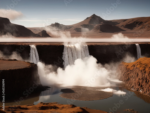 A mysterious barren landscape with hot springs and waterfalls. 