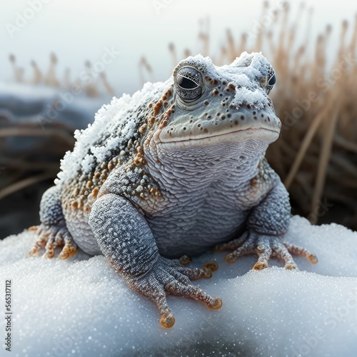 Frozen frog on ice, toad on snow ,made with Generative AI