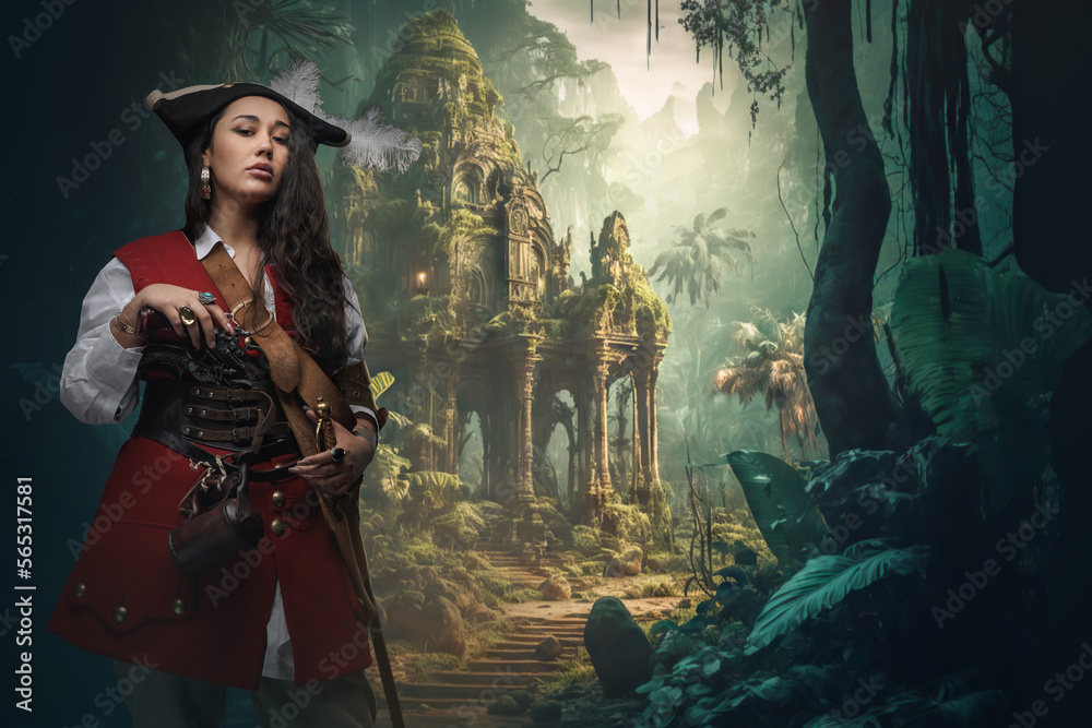 Portrait of female buccaneer on desert island in search of treasure.