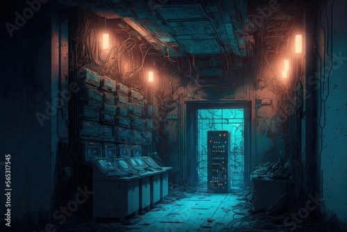 Cyberpunk data center room with mainframe storage servers  vintage cloud network concept  hosting databases and internet  made with Generative AI