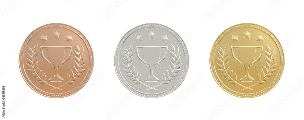 Gold, silver, bronze medals set. 1st, 2nd, 3rd place. Sports award ...