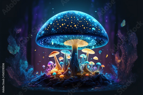 Magical Mushroom in fantasy enchanted fairy tale forest. Generative Ai.