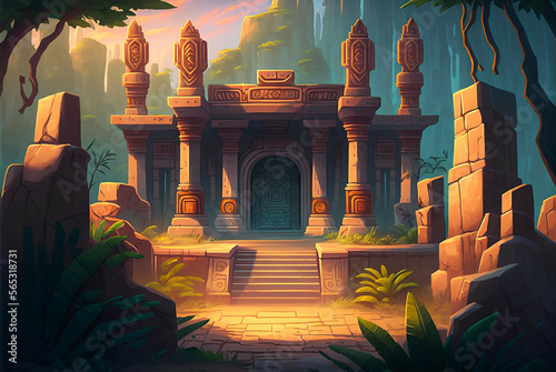 Concept art illustration of a magical Mayan temple into the forest. Entrance of an Aztec temple. Video game background art. Game design asset.	
