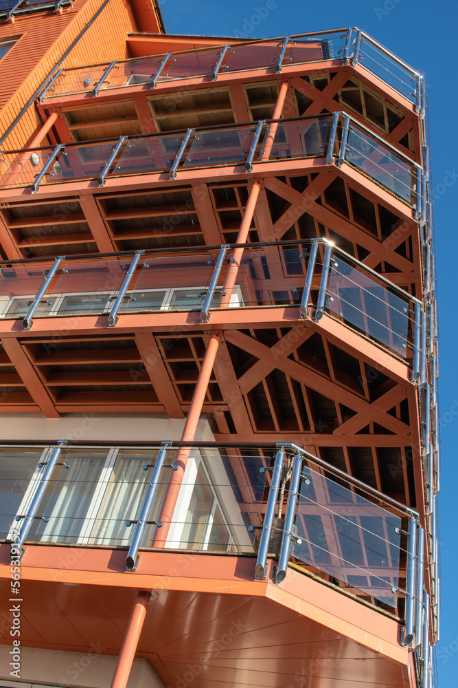 Metal beams and girders used in the structure of balconies. Construction and building using metalwork as supporting and load bearing supports. 