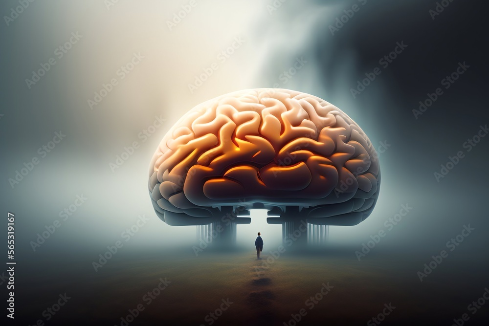 a concept illustration of a human brain structure and a human silhouette in a foggy atmosphere