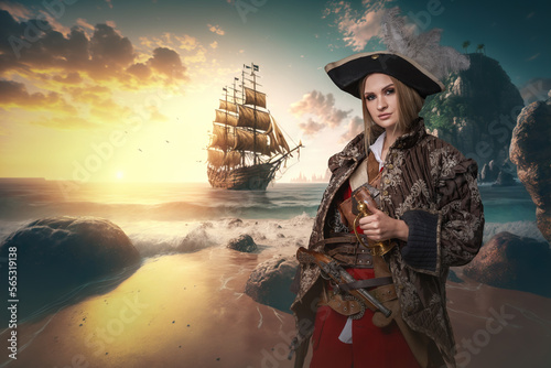 Attractive female buccaneer against background of sea and ship. High quality photo Shot of pirate woman dressed in costume on coast of tropical island.