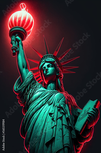 Statue of Liberty holding a red balloon. Generative AI.