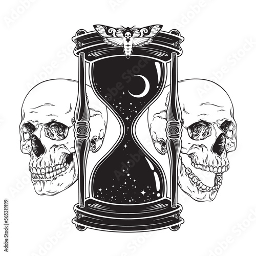 Hand drawn line art hourglass with moon and stars and human skulls isolated boho sticker, print or blackwork tattoo design vector illustration. photo