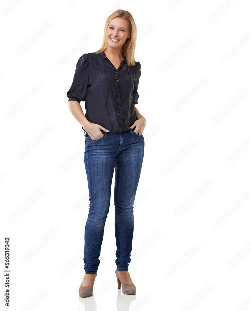 Full length shot of a young woman with her hands in her pockets ...