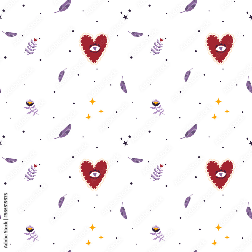 Groovy heart, eye and feather Seamless Pattern. Hippie Retro Style for Print on Textile, Wrapping Paper, Web Design and Social Media. Pink and Purple Colors.