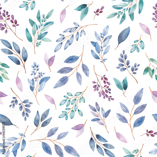 Seamless watercolor pattern with blue, pink twigs and flowers. Hand-painted leaves and flowers on a white background.Use it for postcards, invitations and scrapbooking.