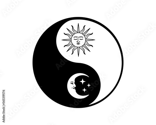 Yin yang symbol with sun and moon, vector design for fashion, poster, card and sticker prints, medieval design