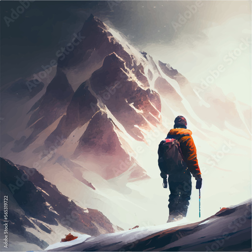 Skier standing on the slope of the mountain, Vector