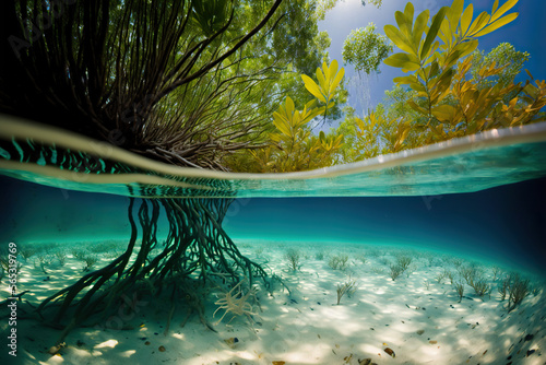 Underwater photograph of a mangrove forest with flooded trees. Based on Generative AI