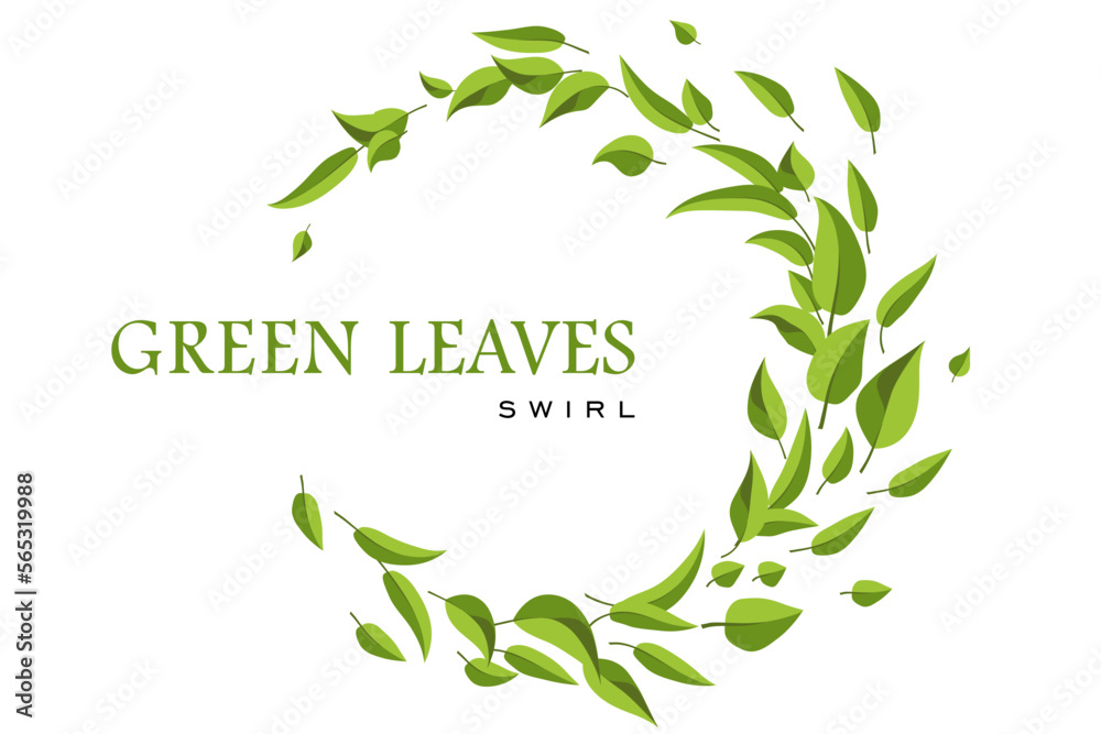 Green flying leaves Swirl. Flying green leaves. Fresh Tea Leaves round frame. Eco Design Concept