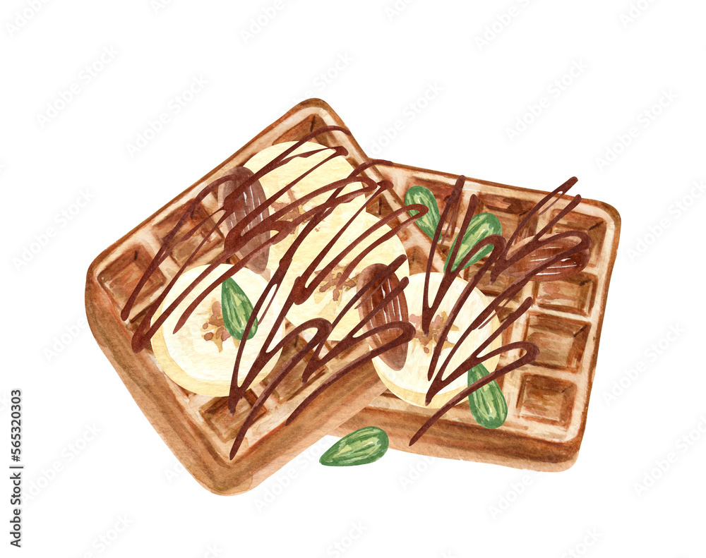 Watercolor hand drawn Belgium waffle isolated elements. Bakery clipart ...
