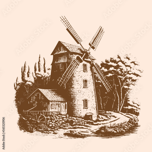 Mill in graphic style. Illustration hand drawn doodle. Generative AI