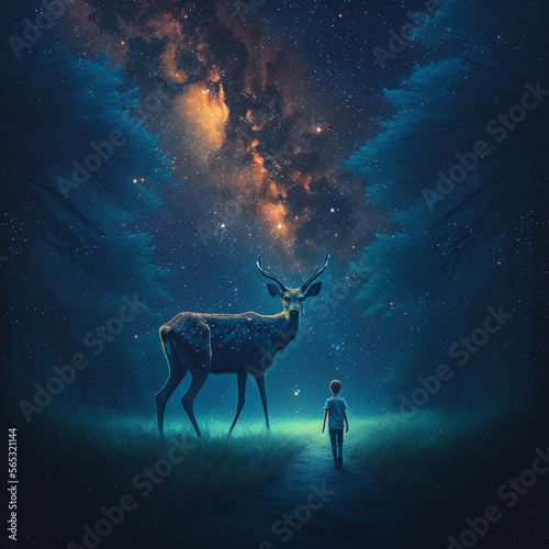 A deer and a child walk through the woods at night. The forest is full of fireflies. A sky dotted with stars.