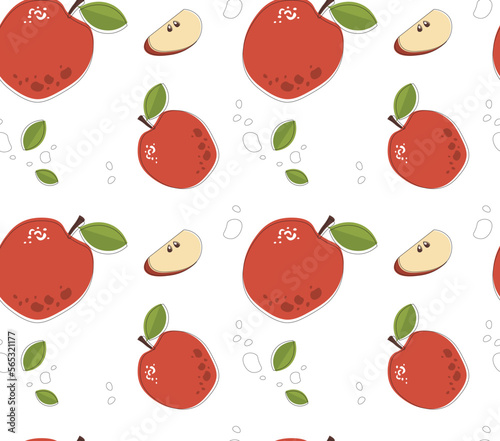 Vector seamless pattern of apple halves  and leaves on white background