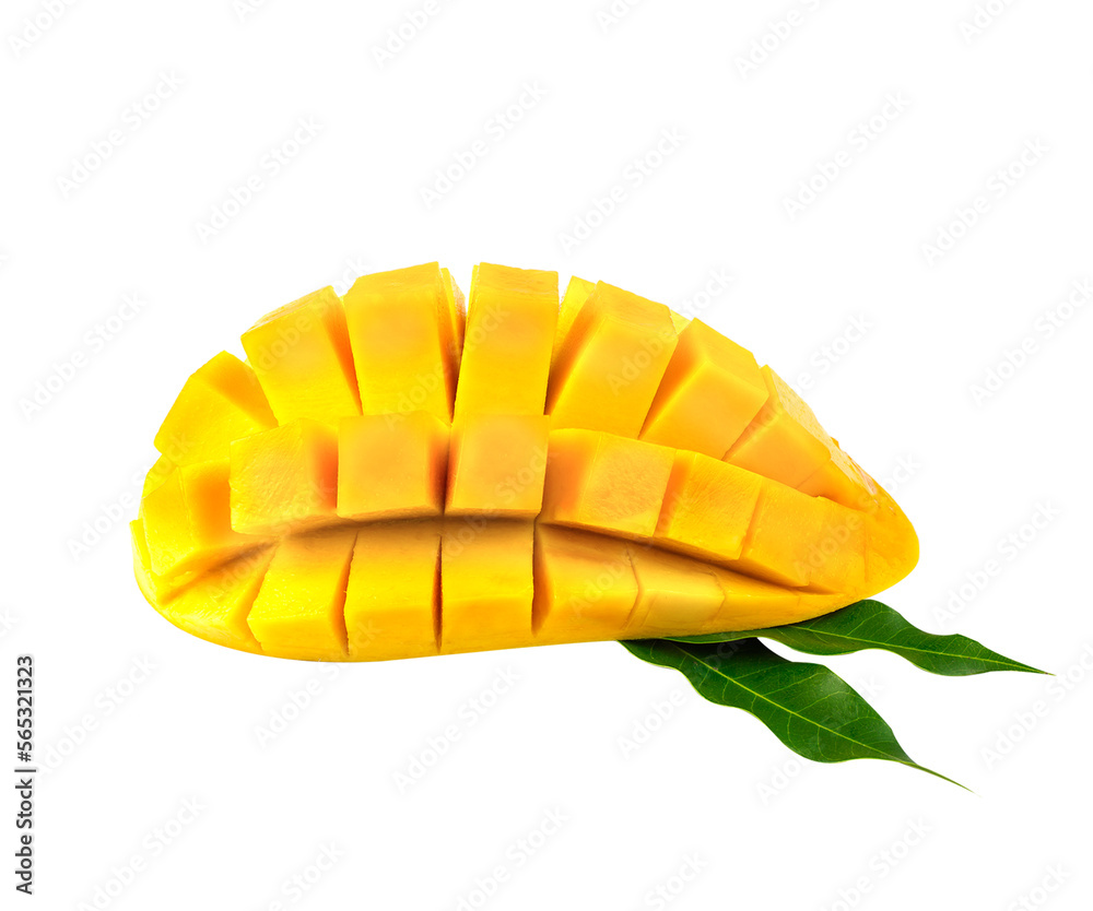 Mango fruit with mango cubes and slices. Isolated on a white background. Mango fruit with mango cubes and slices. Isolated on a white background.