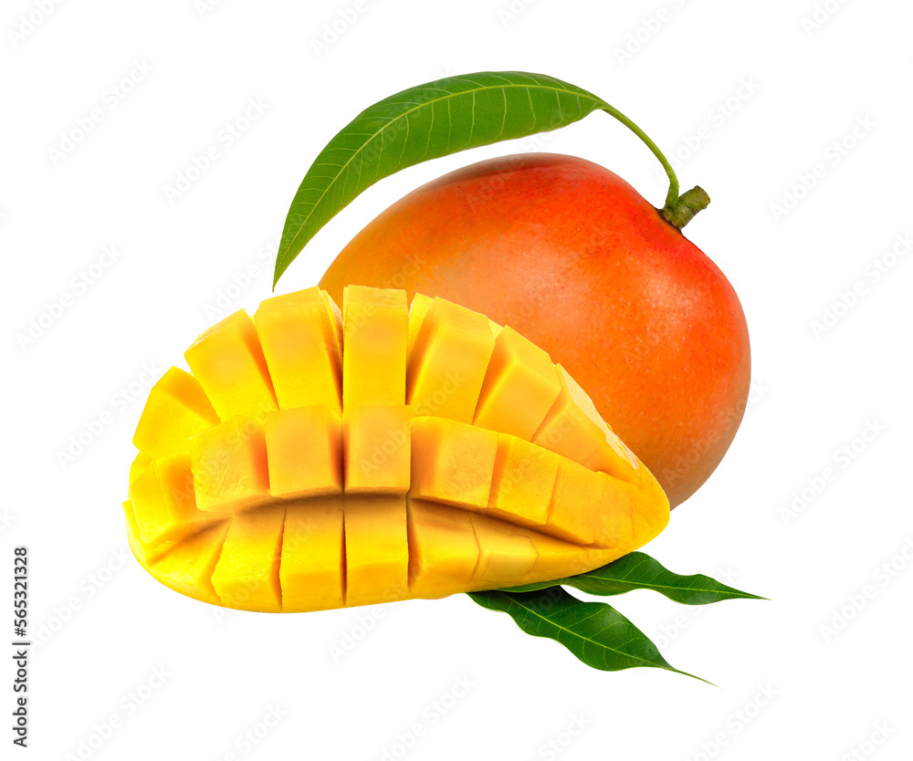 Mango fruit with mango cubes and slices. Isolated on a white background.