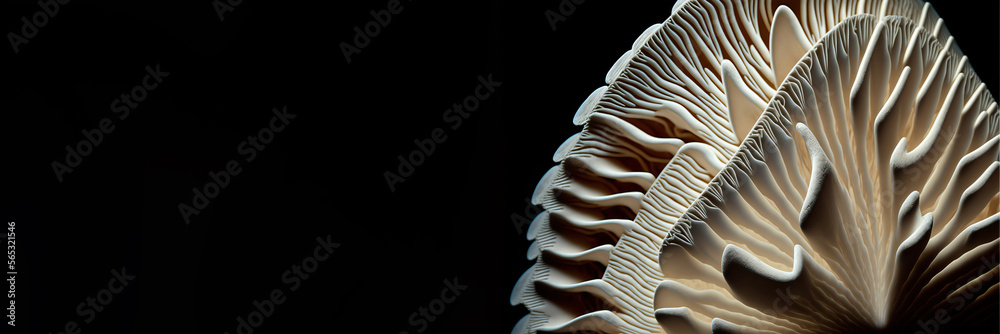 Fototapeta premium Close up of the gills of a mushroom on a black background suitable for website banners. Generative AI