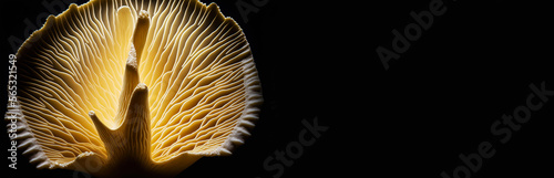 Close up of the gills of a mushroom on a black background suitable for website banners. Generative AI